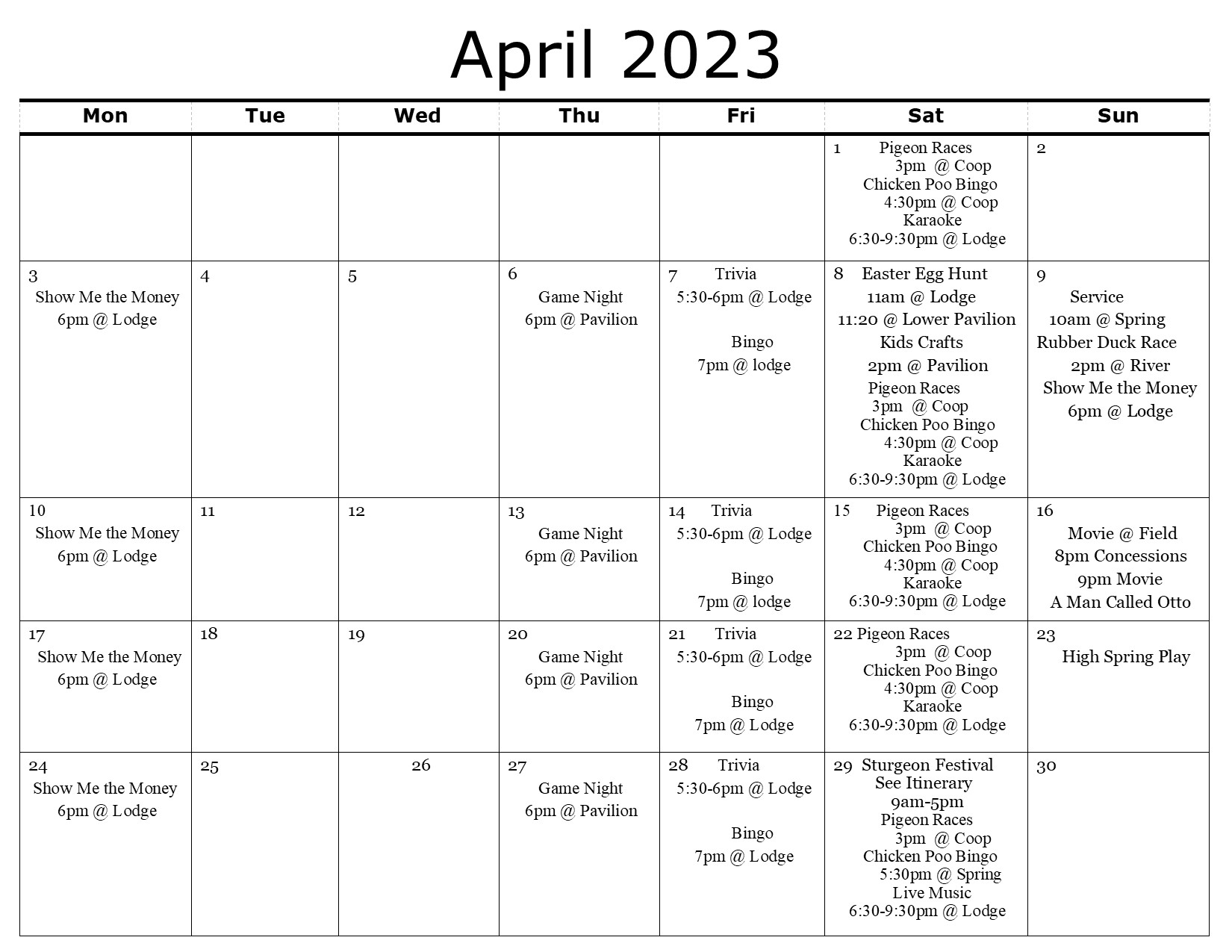 Events Calendar for April 2023